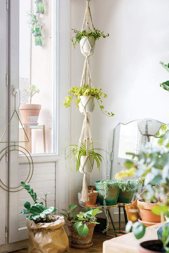 Mkono Set of 2 Macrame Plant Hangers Indoor 2 Different Size Hanging Planter Basket Flower Pot Holder 70"/49"