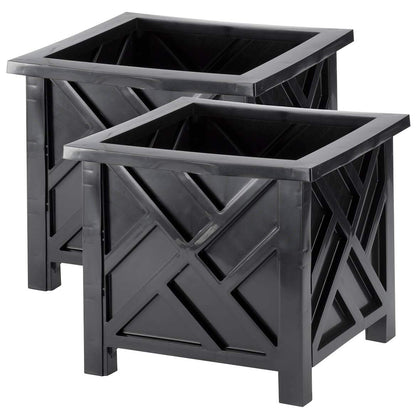 Miles Kimball Set of 2 Chippendale Planter Boxes, Black, Outdoor Décor – Plant Holder for Garden, Patio and Lawn, Weather-Resistant Polypropylene – 14 ¾” sq. x 13 ¼ H Overall