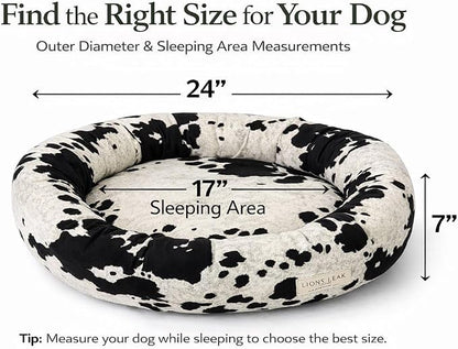 Round Dog Bed – Natural Canvas, Removable Washable Cover, Raw Cotton or Latex Fill, Hypoallergenic Non-Toxic, Made in USA (Cow Print Black White, Small, Soft Comfort – Organic Latex)