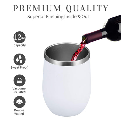 MEWAY 12 OZ/12 Pack Wine Tumbler Glasses with Lid -Double Wall Vacuum Stainless Steel Travel Tumbler Mug,Stemless Insulated Wine Cup for,Coffee,Cocktails,Gifts (White,Set of 12)