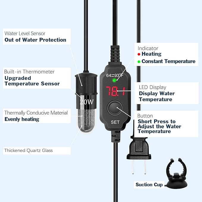 YOFOTHS Adjustable Mini Aquarium Heater 0.5/1/2/3 Gallon Submersible Small Fish Tank Heater 10W/20W/30W Digital Display Thermostat External Temperature Controller(20W)
