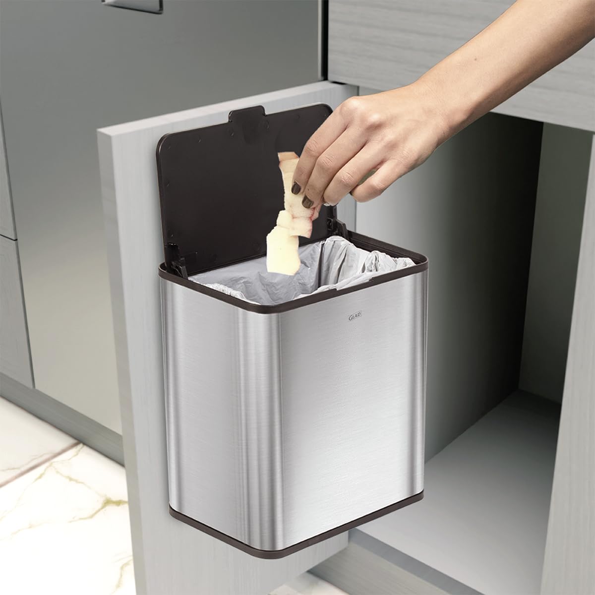 Glad Roomate Stainless Steel Under Counter Waste Bin with Clorox Odor Protection | Space Saving Dual Lid Small Trash Can for Kitchen Cabinet, Bathroom or Office, 1.5 Gallon (6L)