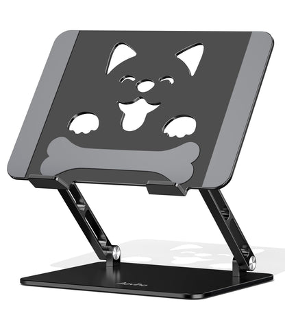 Aoviho Laptop Stand for Desk-Adjustable, Foldable, Portable, Ergonomic Aluminum Notebook Riser with Unique Puppy Cooling Vent, Desk Gift for 10"-17.3" Devices Mac, Dell, HP, Lenovo, Samsung, Black