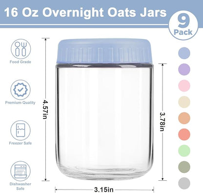 Overnight Oats Containers with Lids, 16oz Wide Mouth Mason Jars with Lids, 9 Pack Glass Jars with Airtight lid for Chia Pudding Yogurt Salad, Meal Prer Oatmeal Jars
