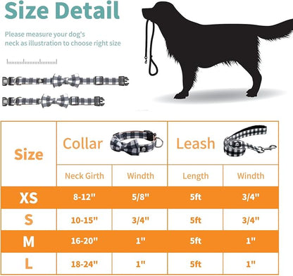 IVY&LANE Dog Collar with Bowtie and Leash Set | Plaid Adjustable Dog Collar | Detachable Bow Tie |5 FT Dog Leash | for Small Medium Large Dogs | Checkered Black | Medium