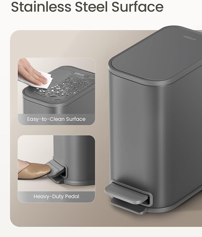 Cesun Small Bathroom Trash Can with Lid Soft Close, Step Pedal, 5 Liter / 1.3 Gallon Stainless Steel Garbage Can with Removable Inner Bucket, Waste Basket for Bathroom, Bedroom (Gray)