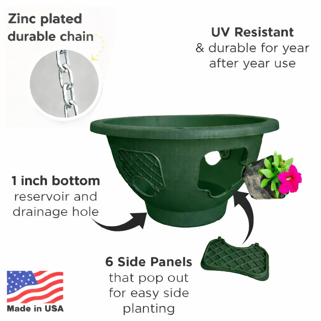 smart spring Ultimate Hanging Basket Strawberry & Flower Planter – 6 Side Planting Spaces, Drainage Hole, 1” Water Reservoir, Zinc-Plated Chain Included, Made in the USA (Deep Forest)