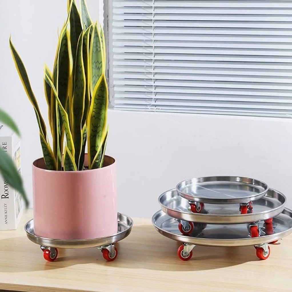 Klxeorser Stainless Steel Plant Caddy With Lockable Wheels Casters Heavy Duty, Round Outdoor Plant Stand Pot Trolley With Wheels Rolling Base, Planter Dolly for Flower Pot Mover 16"/420lb