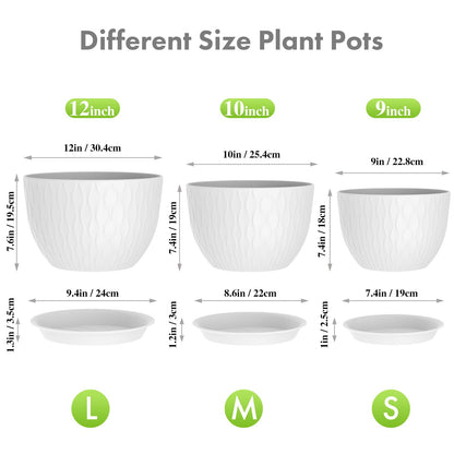 Meowell 12/10/9 inch Large Plant Pots, 3 Pack Wide Flower Pots for Outdoor Indoor Plants with Water Ripples, Big Plastic Planters with Drainage Holes and Saucers for Garden House Plants, White