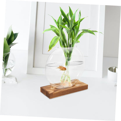DEARMAMY 2pcs Glass Propagation Vase with Wooden Base, Indoor Hydroponic Plant Planter, Desktop Terrarium for Greenery, Home Office Shelf Decoration