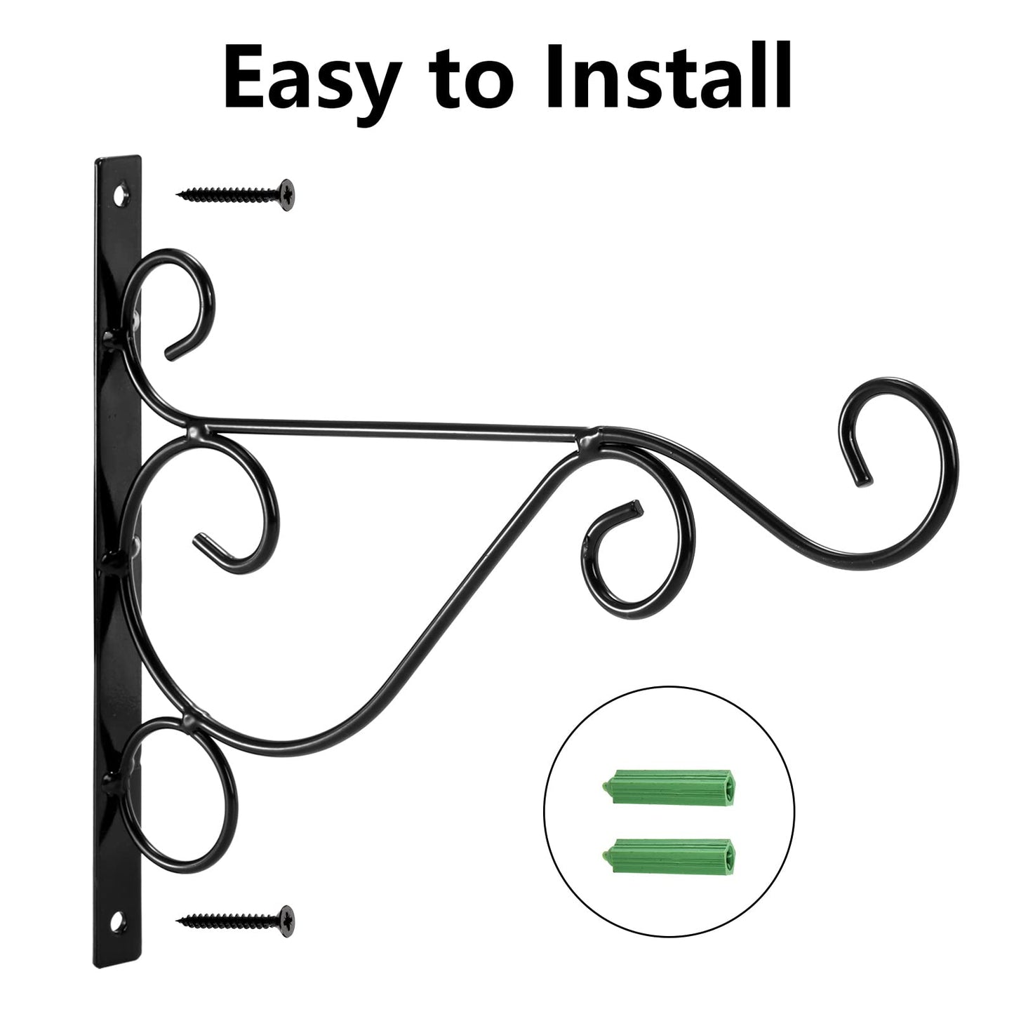 Fasmov 6 Pack Hanging Plant Brackets, 10" Sturdy Iron Wall Mount Flower Basket Hook Indoor Outdoor Bracket for Hanging Bird Feeders, Lanterns, Planters, Wind Chimes, Ornaments with Screws (Black)