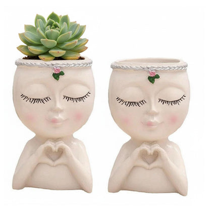 Face Planter Pot with Heart Hands, Unique Resin Head Planter for Indoor Plants, Cute S-ucculent Pots with Drainage Hole, Decorative Makeup Brush Holder for Vanity, for Women