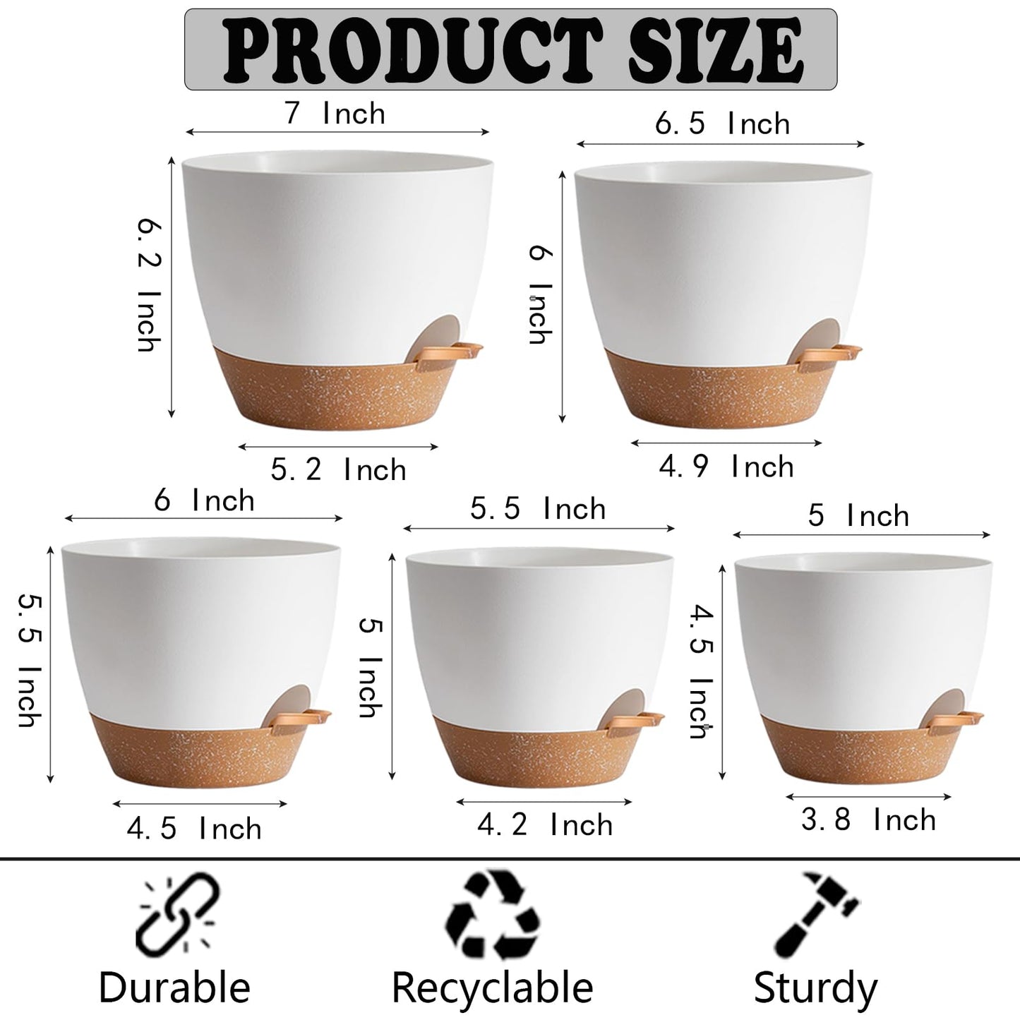 SE SUN-E Indoor Plant Pots for Lazy People, 5Pack White Plastic Self Watering Planter Pots for Houseplants,Succulent, African Violets,Snake Plants, Flowers and Cactus(7/6.5/6/5.5/5 Inch)