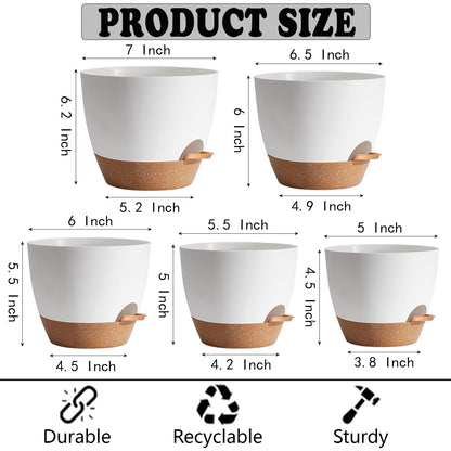 SE SUN-E Indoor Plant Pots for Lazy People, 5Pack White Plastic Self Watering Planter Pots for Houseplants,Succulent, African Violets,Snake Plants, Flowers and Cactus(7/6.5/6/5.5/5 Inch)