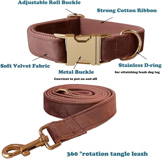 Love Dream Velvet Dog Collar and Leash Set, Soft & Comfy Adjustable Dog Leash and Collar with Heavy Duty Metal Buckle for Small Medium Large Dogs Training & Walking (XLarge, Dark Pink)