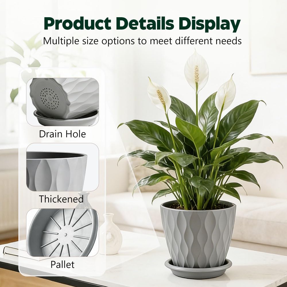 KEETUMOOD Plant Pots, Self Watering Planters with Drainage Holes and Trays, Flower Pots for Indoor Outdoor - 6 Pack(4/5/6/6.5/7/8 Inch) (Gray)