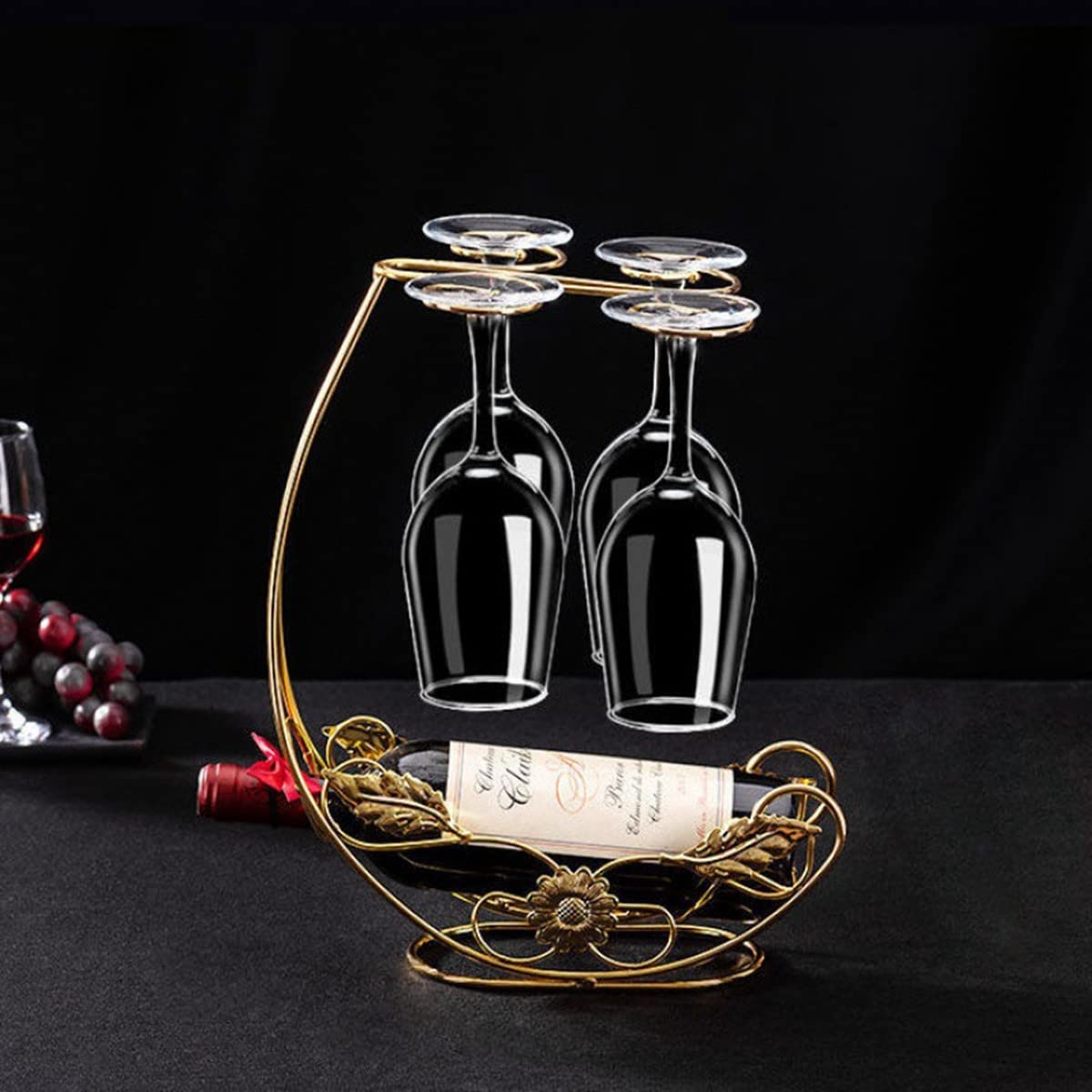 Homya Tabletop Wine Rack, Holds 4 Wine Glasses + 1 Bottle, Gold