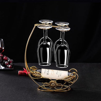 Homya Tabletop Wine Rack, Holds 4 Wine Glasses + 1 Bottle, Gold