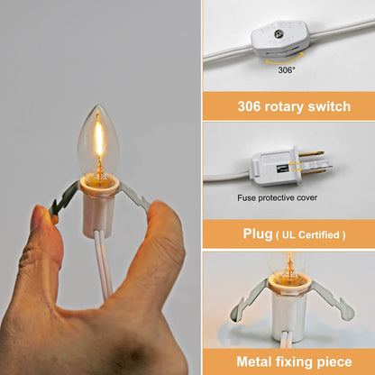 KGC C7 Accessory Cord with 2 C7 Led Light Bulb Candelabra-Base E12 Socket, White Cord with On/Off Switch Plugs for Holiday Decorations, Christmas Village House, Pumpkin Lights