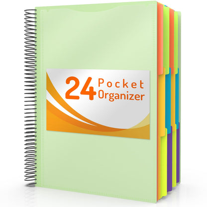 Forvencer 24 Pocket Project Organizer, 1/3-cut Tab Binder Organizer with Sticky Labels, Multi Pocket Folder with Zipper Pouch, Folder Binder Spiral Pocket Notebook, Office Supplies