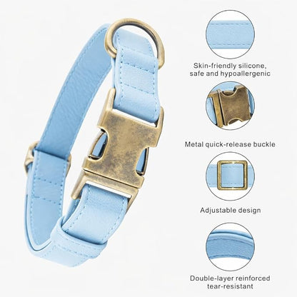 Silicone Dog Collar and Leash Set, Waterproof & Odor-Proof Puppy Collar for Small Dogs, Soft Flexible Leather-Look Dog Collars, Durable Thick Adjustable Pet Collar (Blue, Large (16-24.5" Neck))