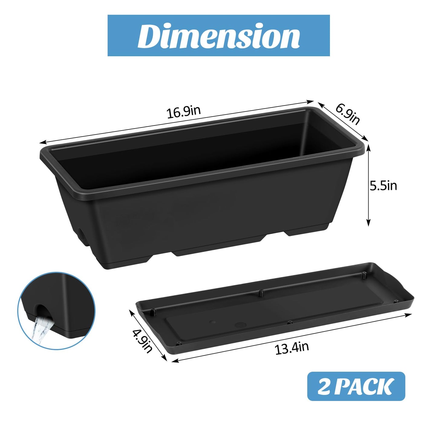 CADUKE Railing Planter Boxes 2 Pack 17 Inch Window Boxes Black Rectangle Railing Flower Box with Adjustable Bracket Window Deck Hanging Planters Boxes for Outdoor Patio