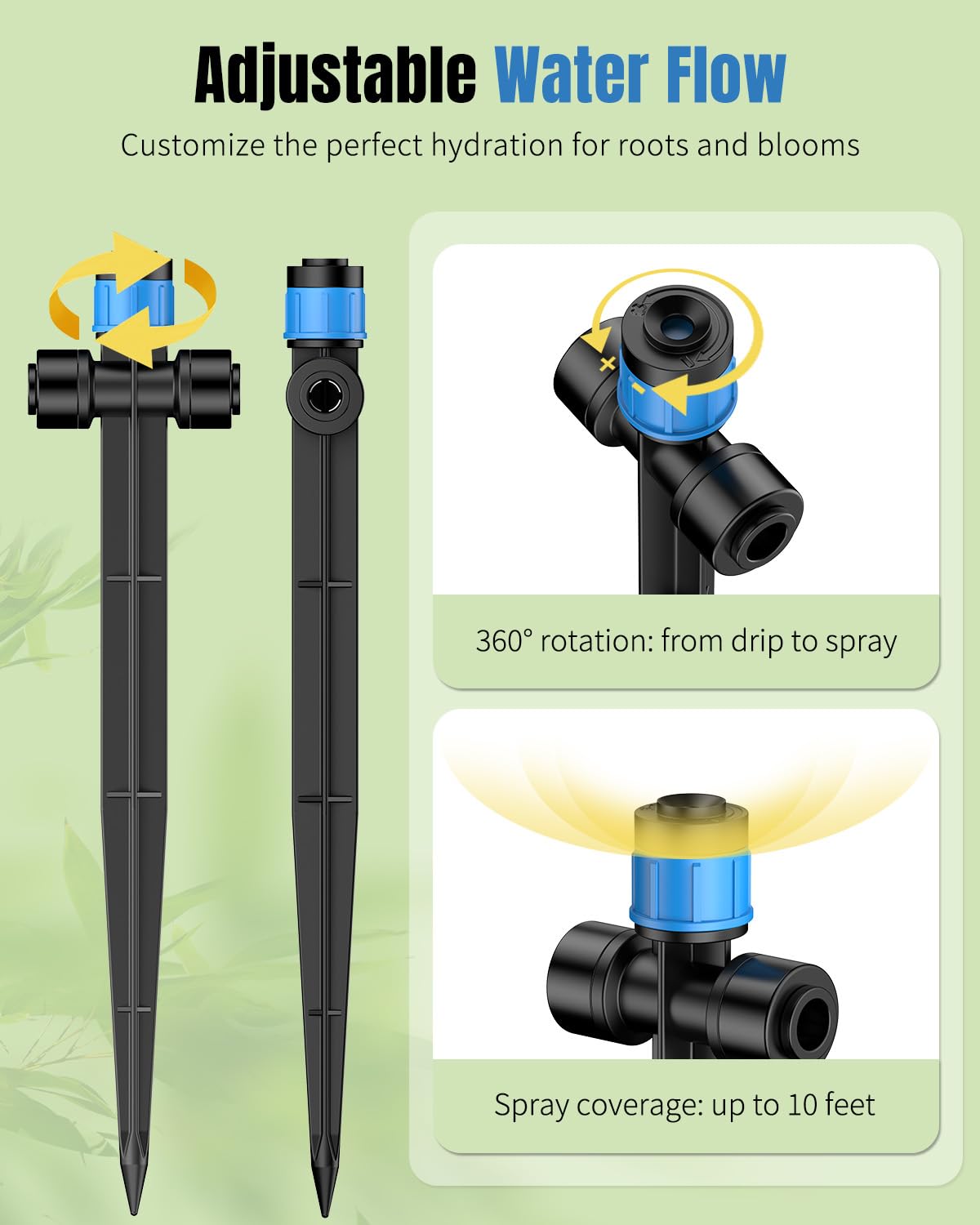 Pawfly 60 Pcs Push-to-Fit Drip Irrigation Emitters for 1/4 Inch Tubing with Stake & End Plugs, Two-Way Connection Irrigation Drippers, Drip Emitters Sprayers with Adjustable 360 Degree Water Flow