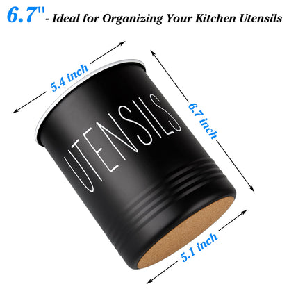 Bivvclaz Kitchen Utensil Holder, 6.7" Utensil Holder for Kitchen Counter, Cooking Utensil Crock with Cork Bottom, Modern Farmhouse Decor, Countertop Utensil Storage Organizer Caddy, Black