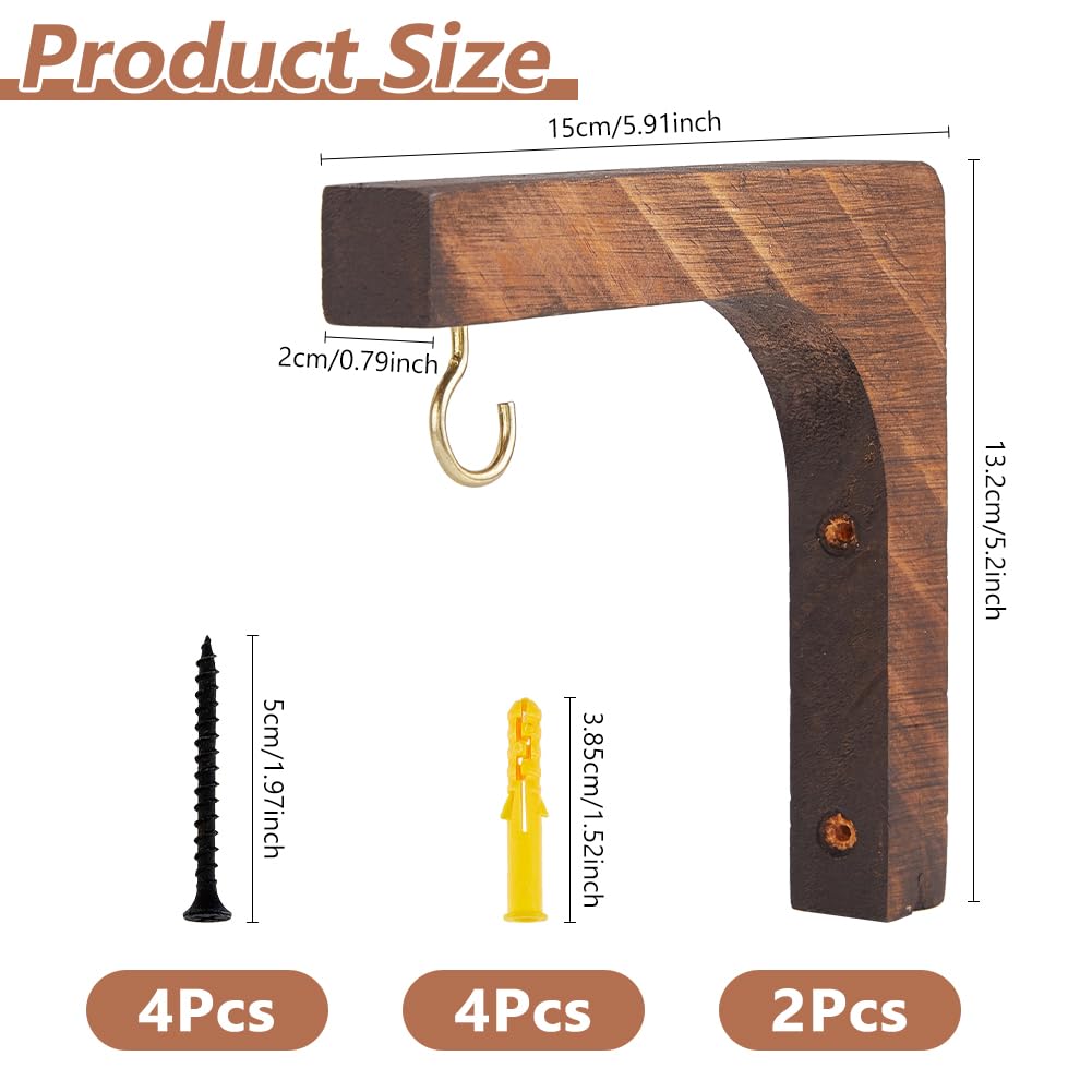 DICOSMETIC 2 Sets Wood Plant Hooks Wooden Plants Hanger 38.5x8.5mm Hanging Plant Holder L-Shaped Indoor and Outdoor Brackets Plants Hanger Wood Hook for Planters, Lanterns, Bird Feeders