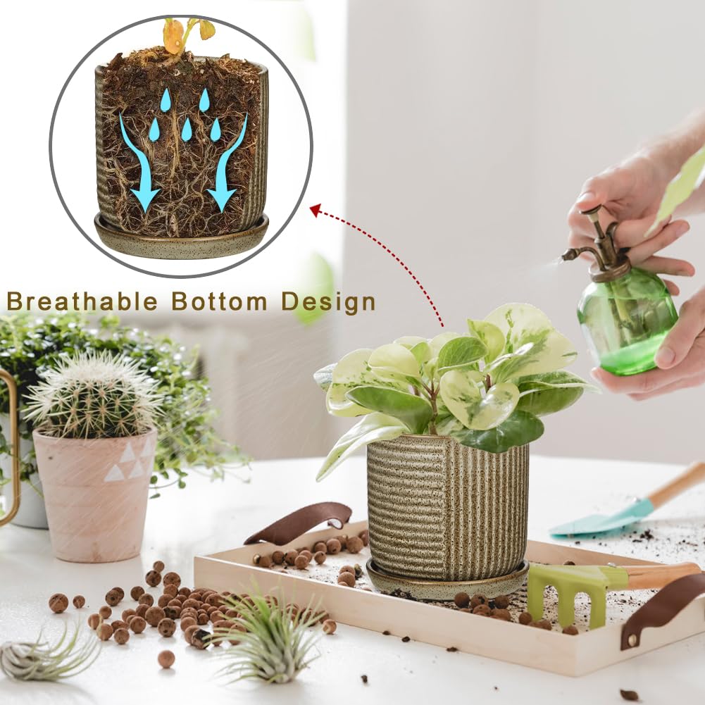 Oairse Ceramic Pots for Indoor Plants, 6.1 +4.9 inch Pots for Plants Set of 2 Brown Plant Pots with Drainage Holes and Saucers Texture Ceramic Planters Indoor Outdoor Flower Pot for Succulent