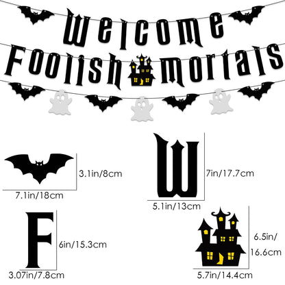 Welcome Foolish Halloween Mortals Banner Party Decorations Glitter Halloween Haunted House Gothic Mansion Decor Bat Spider Ghost Theme Sign for Indoor Laundry Room Farm Bar Home Wall Mantle Decor