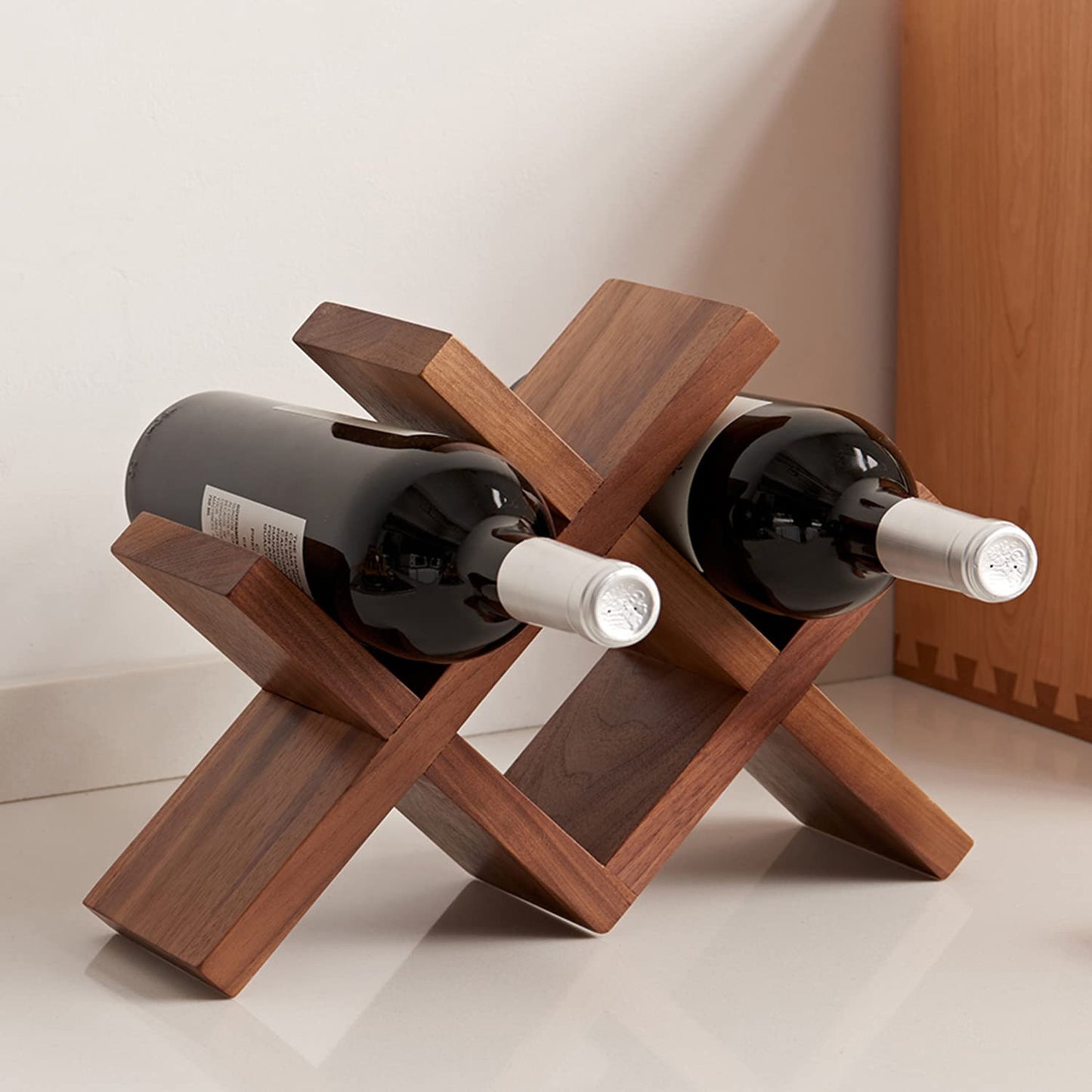 TREOAKWIS Wine Rack Countertop Oak Solid Wood Wine Organizer Rack 4 Bottles Holder for Wine, Drinks, Beer, Suit for Home, Bar, Kitchen,Cellar Basement (Walnut)