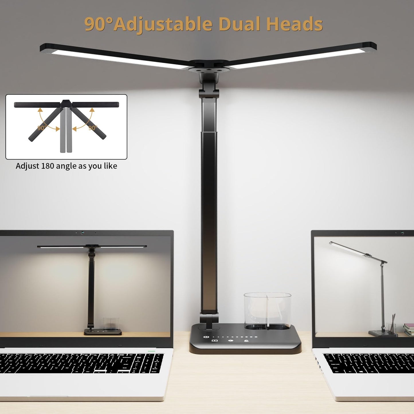 Woputne LED Desk Lamp, Dual Heads, Height Adjustable, USB Charging Port, 5 Light Modes & Dimmable Brightness, Bedside Lamp for Reading, Craft, Work, Study (Black, 15W)