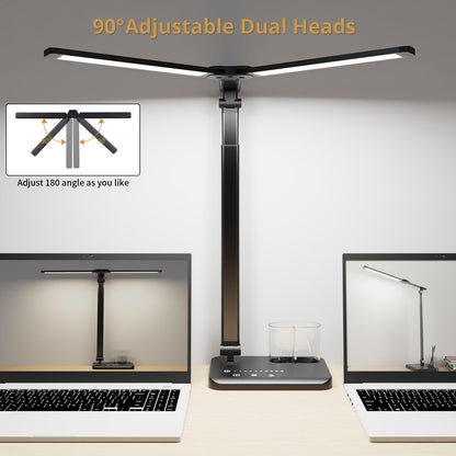 Woputne LED Desk Lamp, Dual Heads, Height Adjustable, USB Charging Port, 5 Light Modes & Dimmable Brightness, Bedside Lamp for Reading, Craft, Work, Study (Black, 15W)