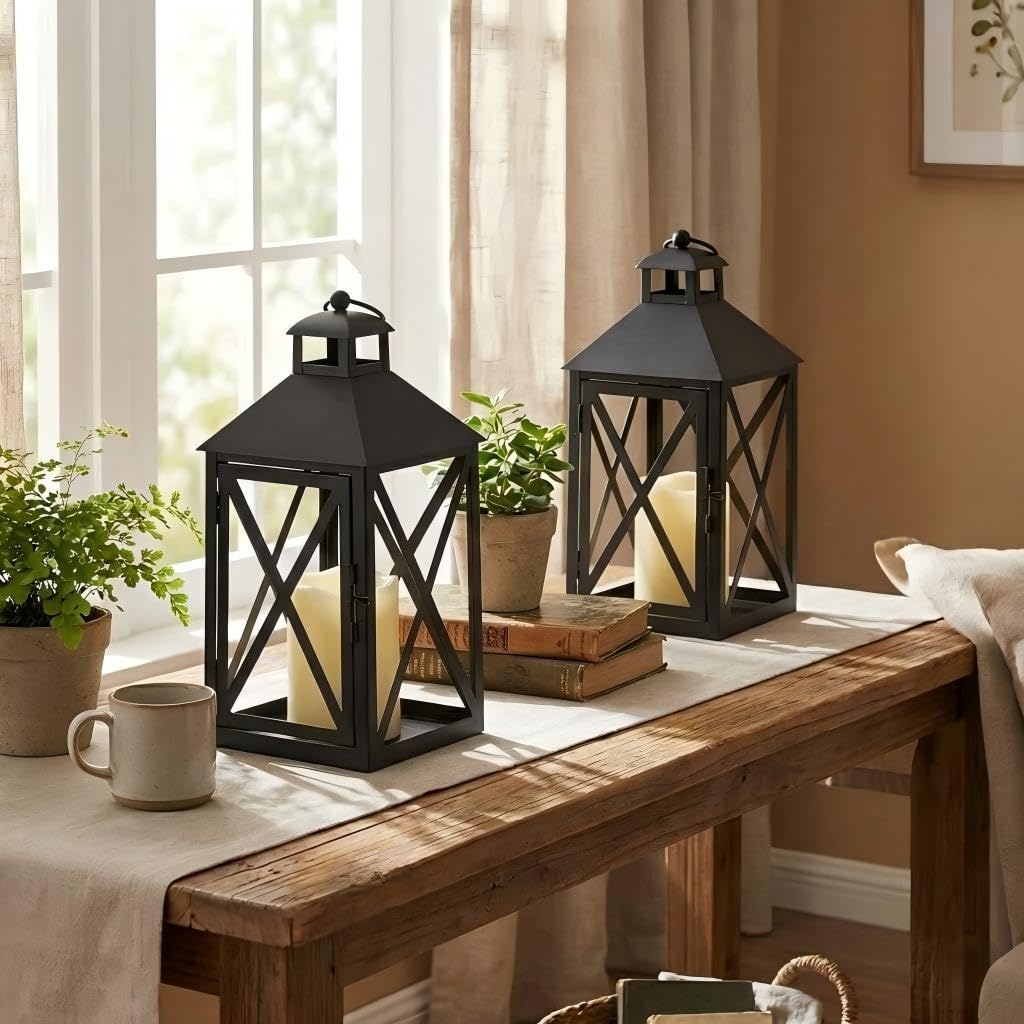 Bdor 2 Pack Fall Lantern Decor with LED Candle – 12 Inch Harvest Pumpkin Maple Leaf Hanging Lantern for Autumn Thanksgiving Table Centerpiece Indoor Outdoor Decoration, Battery Operated