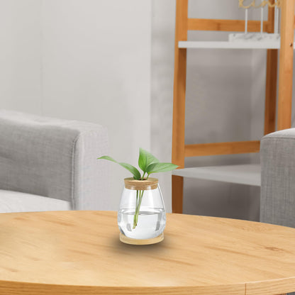 PATIKIL Plant Propagation Station Glass Vases, 2 Pack Desktop Round Planter Terrarium Vase with Wooden Tray & Lid for Hydroponic Office Home Decor Plants Indoor, Brown