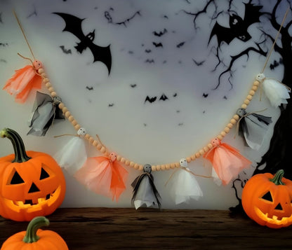 Halloween Garland,Cute Ghost with Wooden Beads Garlands, Handmade Rustic Halloween Banner for Wall Home Indoor Outdoor Home Mantel Decor Supplies, White,Black,Orange (White Black Orange Ghost)