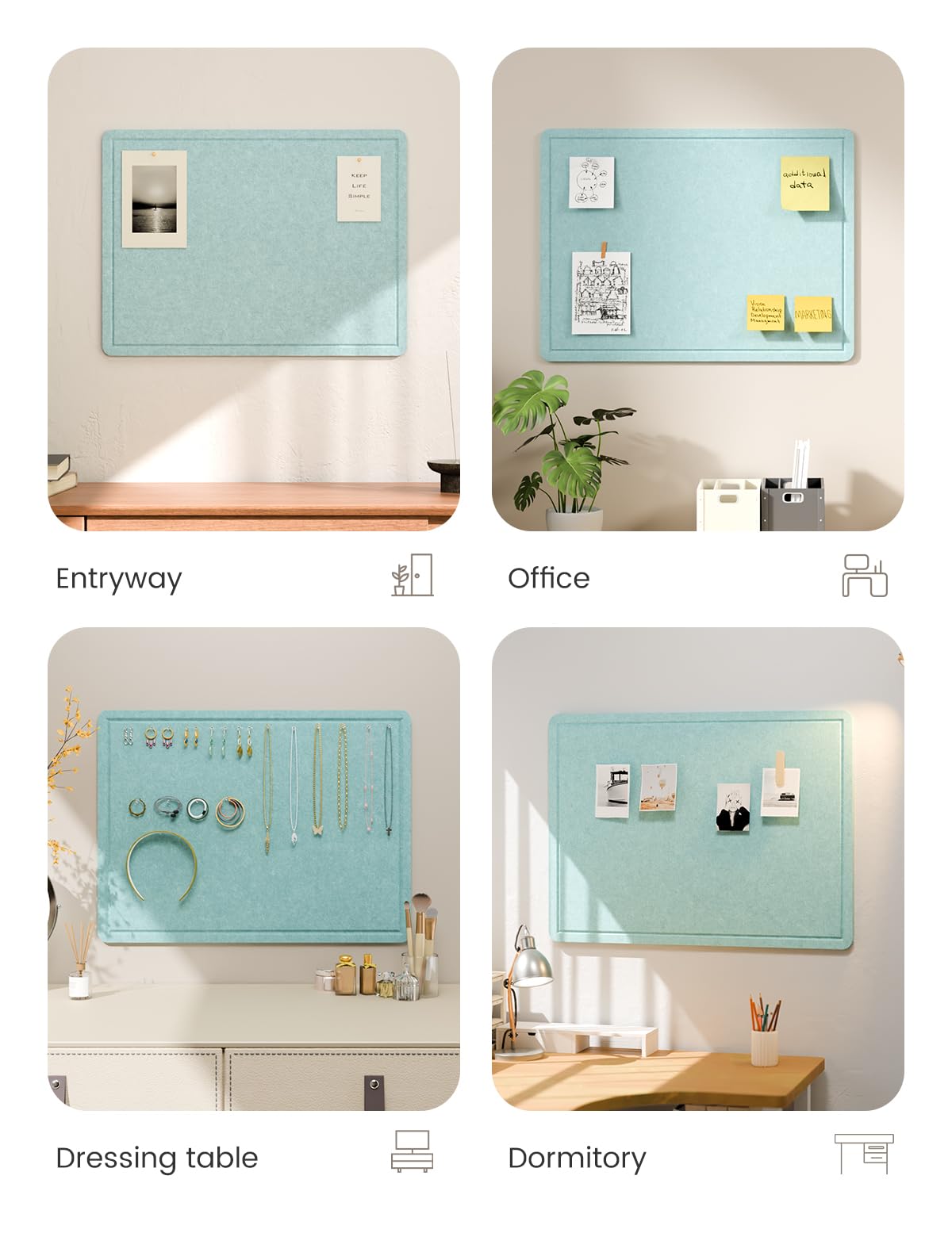 Fluxynara Bulletin Board, 23.6" x 17.5" Cork Board Alternative with 12 Safe Removable Adhesive Tabs, Foldable Felt Pin Board for Home Office, Classroom, Bedroom,Entryway for Walls—Aqua Blue