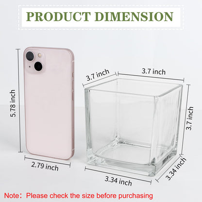 Comrzor 1 Pack Square Glass Vase 4" x 4" x 4", Clear Flower Vase for Centerpieces, Candle Holder for Wedding Party Events, Home Décor