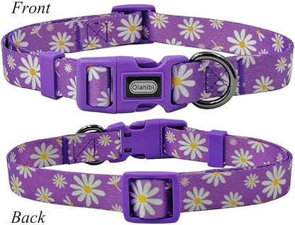 Dog Collar Leash Set, Floral Pattern, Polyester Material, Adjustable Collar and 5ft Matching Leash, for Large Dogs.(L, Purple Daisy)