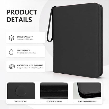 9 Pocket Trading Card Zip Binder - Holds 1080 Cards, 60 Pages Large-Capacity,Double-Sided Removable Sleeves, Suitable for Game Cards/Sports Cards Storage,Black