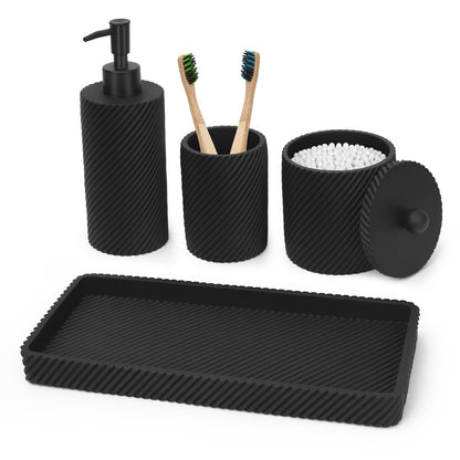 Black Bathroom Accessories Set 4 Pcs - Toothbrush Holder,Lotion Soap Dispenser,Qtip Holder Dispenser,Vanity Tray for Countertop Vanity Organizer,Bathroom Accessory Set