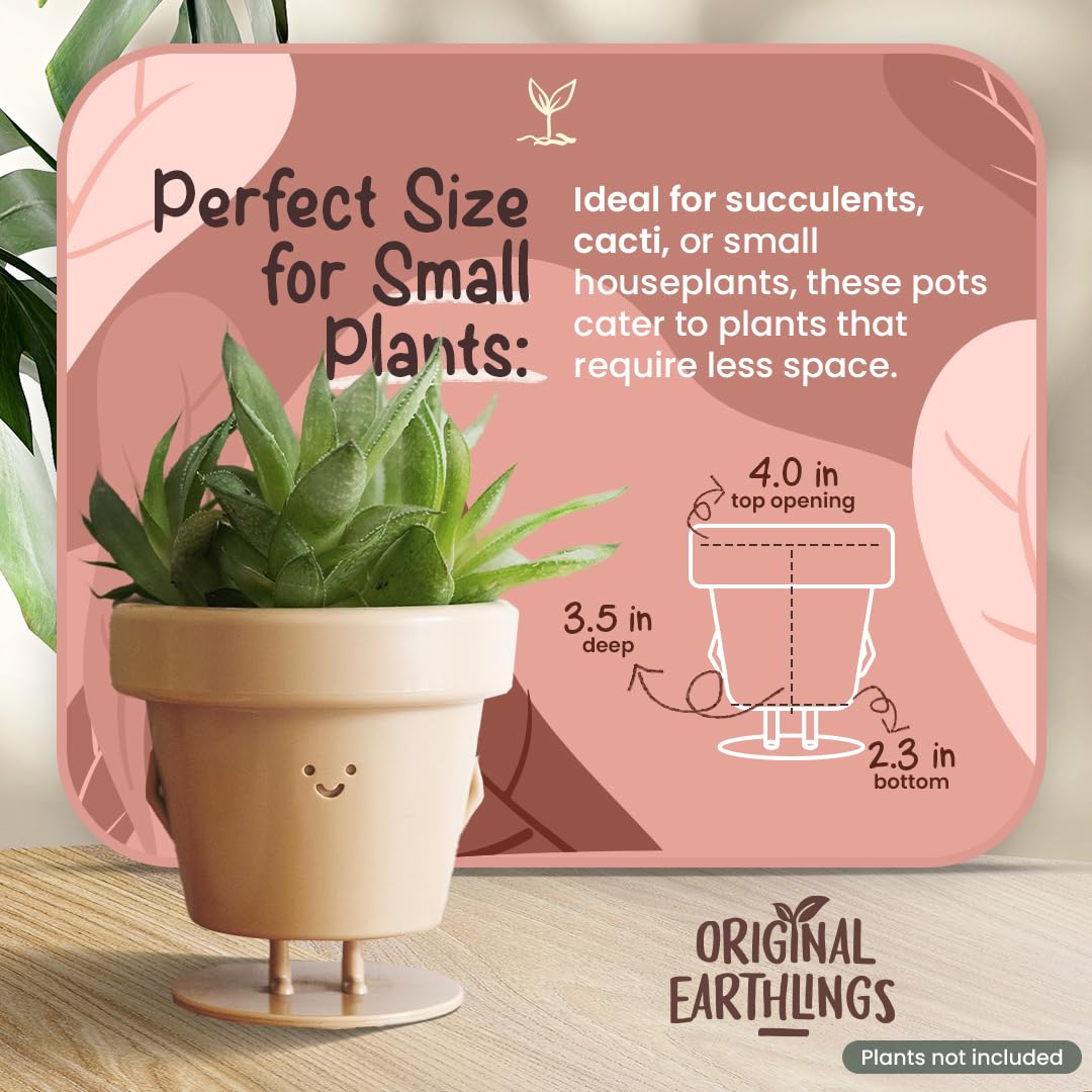 Original Earthlings Standing Pot - 4 Inch Cute Plant Pot - Plastic Funny Planter with Drainage - Unique Cactus Lover Gift - Small Succulent Face Flower Pot - Cute Plant Gifts for Plant Lovers