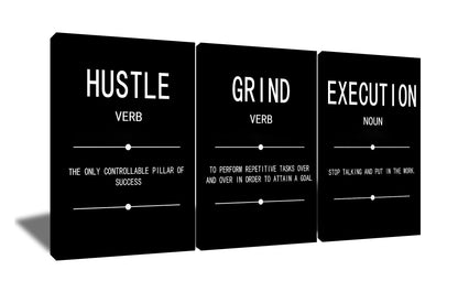 Motivational Wall Art Grind Hustle Execution Noun Poster Inspirational Quotes Painting 3 Pieces Canvas Print Office Decor Inspiring Framed for Wall Art Decoration Ready to Hang [72''Wx 36''H]