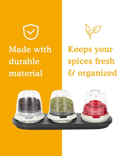 FinaMill Classic Battery-Operated Spice Mill Bundle with Black Trio Stackable Tray – One-Handed Grinder with Interchangeable Pods with Adjustable Coarseness - Valentines Day Gifts for Food Lovers
