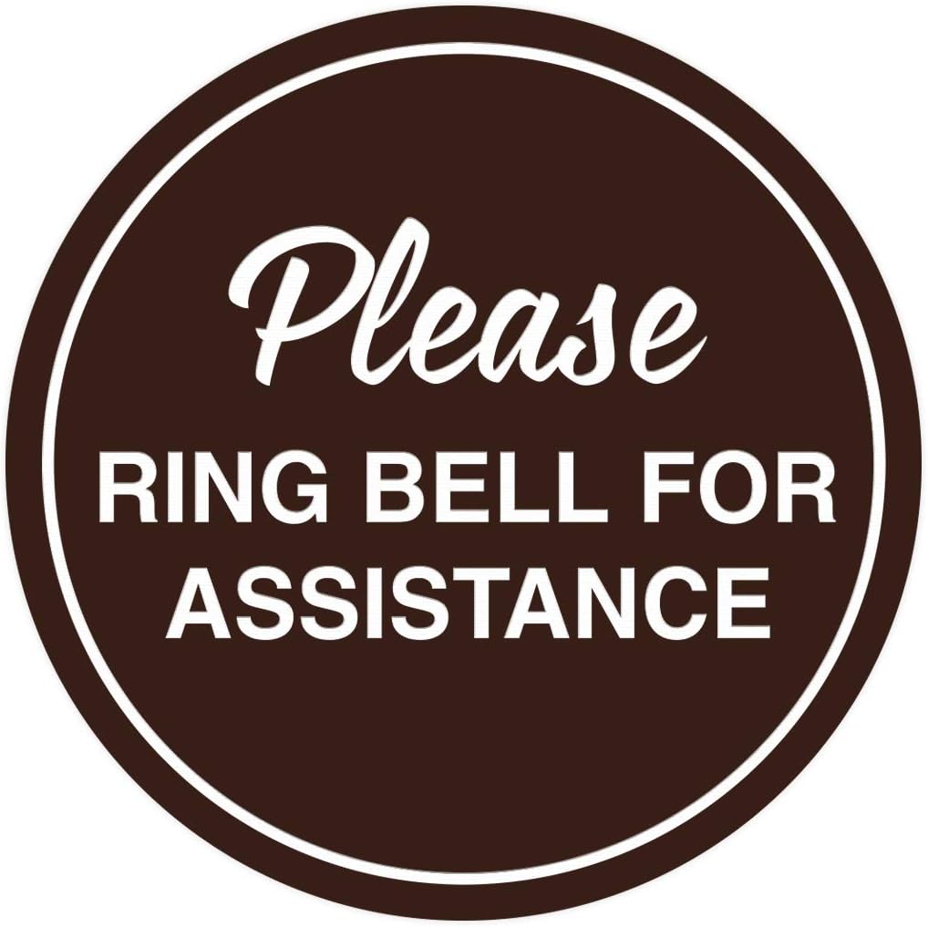 Signs ByLITA Circle Please Ring Bell For Assistance Wall or Door Sign | Easy Installation | Front Desk Reception Sign (Dark Brown) - Large (10 Pack)