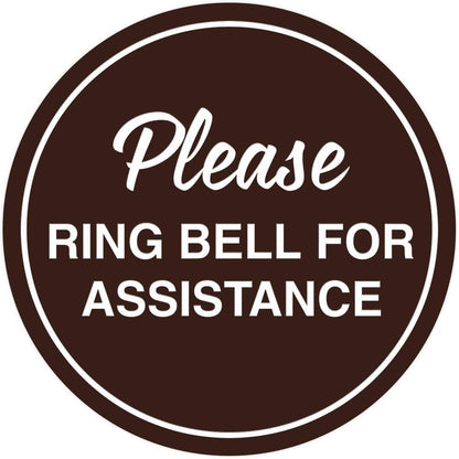 Signs ByLITA Circle Please Ring Bell For Assistance Wall or Door Sign | Easy Installation | Front Desk Reception Sign (Dark Brown) - Medium (10 Pack)