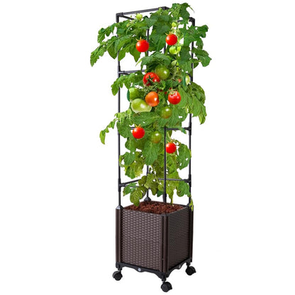 Antmoilios Raised Garden Bed with Tomato Cage & Trellis, 56" Self-Watering Tomato Planter Box for Vegetables Flowers | Lockable Wheels, Vertical Gardening | Indoor Outdoor Patio Use, Easy Assembly