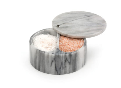 RSVP International Dual Compartment Box | Chic & Modern Herb Container | 10 Ounces Total | Swivel Top Protects Salts | Beautiful, Solid Marble, 5", White