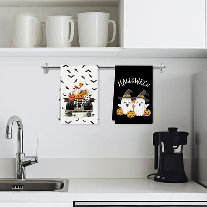 Zeptrix Kitchen Towels Halloween Kitchen Towels Funny Hand Towel for Bathroom Halloween Bathroom Decortions Pumpkin 4 Pcs Bat Ghost Truck Dish Cloths Gift for Home Wall Decor 16x24 Inch(White Black)